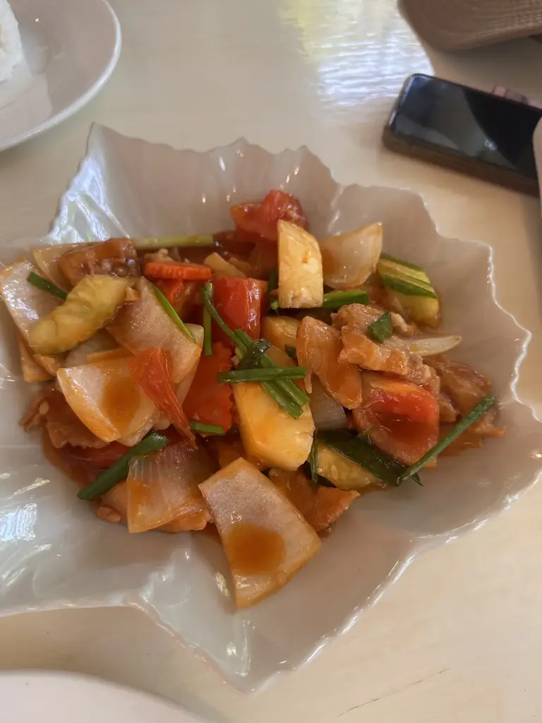 A sweet and sour dish with pineapple and vegetables at the Baan Kiao Resort restaurant