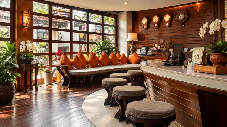 Lobby at Ban's Diving Resort on Koh Tao: sofa with orange cushions, wooden reception desk and clocks on the wall