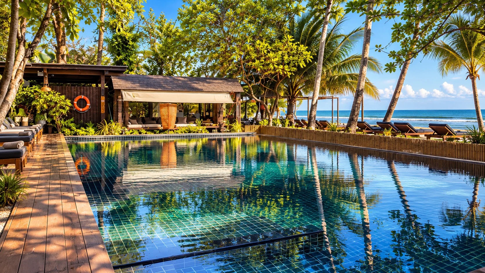 Pool zwischen Bäumen im Chaweng Garden Beach Resort, mit Blick auf Chaweng Beach, Koh Samui