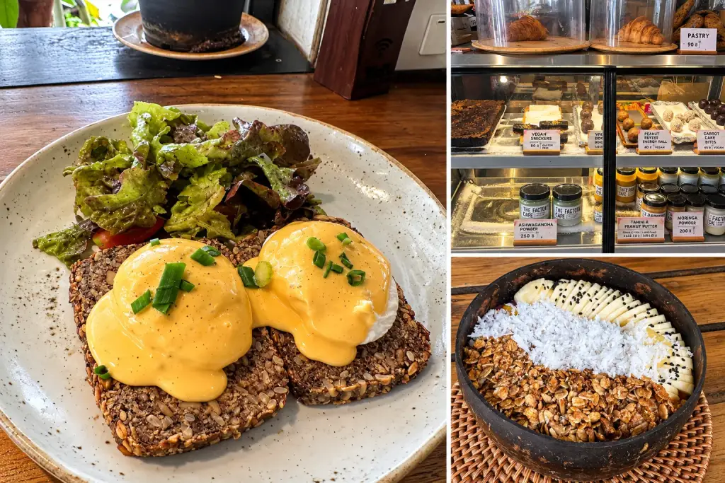 The Factory Cafe בקו טאו: אגס בנדיקט על לחם ללא גלוטן, ויטרינת מאפים וקערת קוקוס