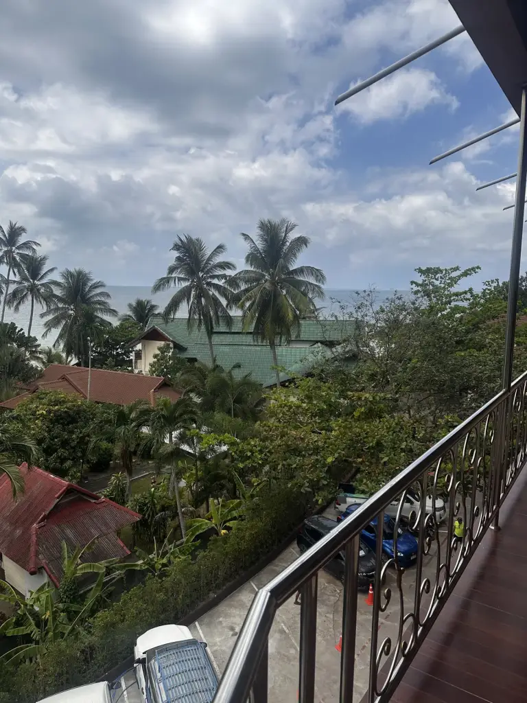 The morning view from the balcony at Haad Yao Bayview, over the palms and the sea, Haad Yao
