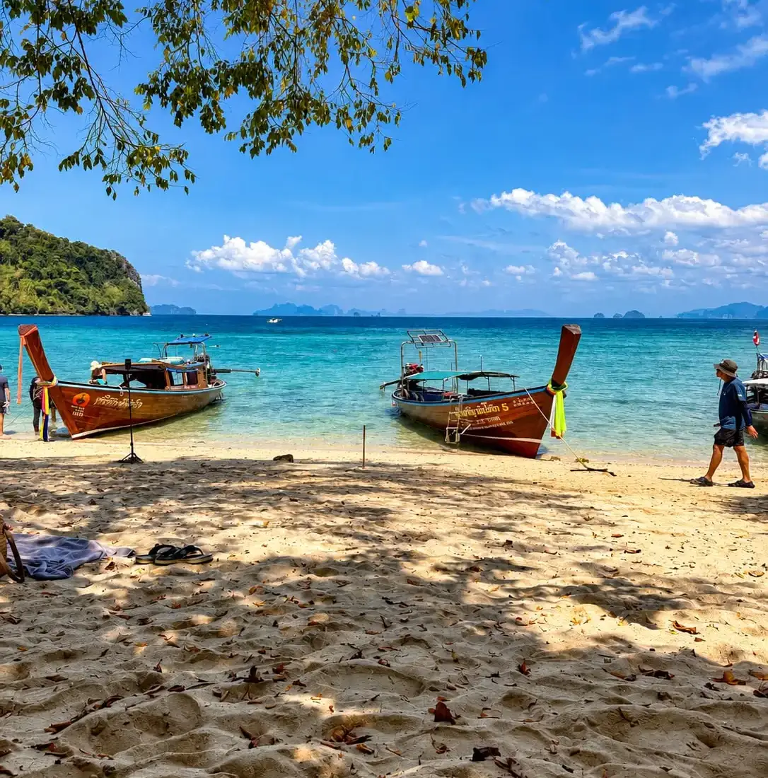 Longtail boats on the beach at Koh Pak Bia, Krabi
