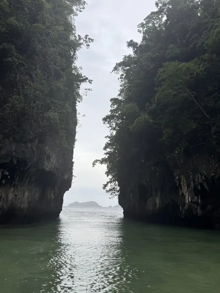 A narrow passage between limestone cliffs in the Hong Islands
