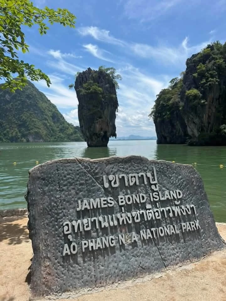Ko Tapu rock and the James Bond Island sign in Ao Phang Nga National Park
