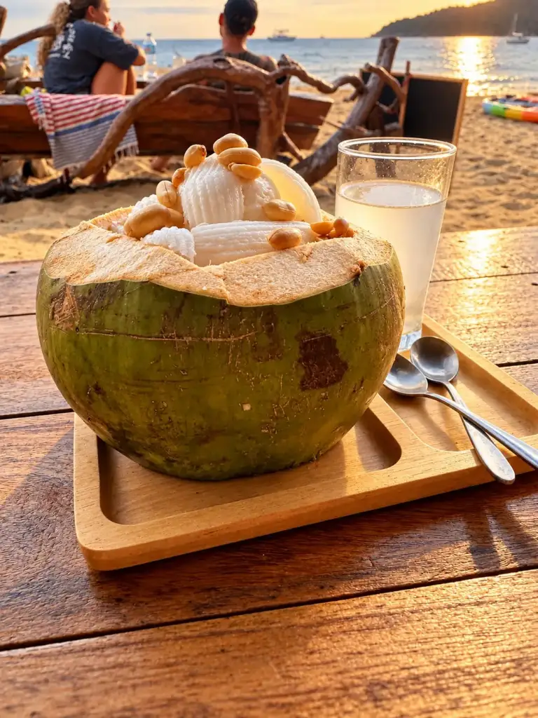 A coconut on a table facing the sea at Mae Haad Beach