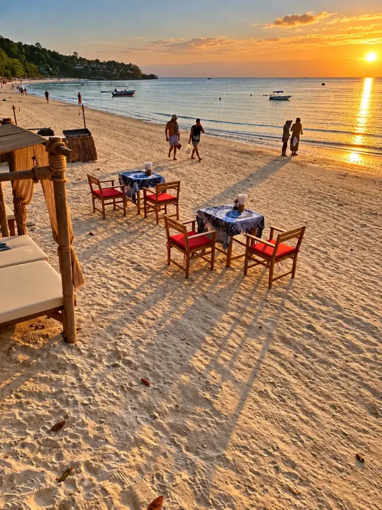 Tables on the sand at sunset in Haad Yao