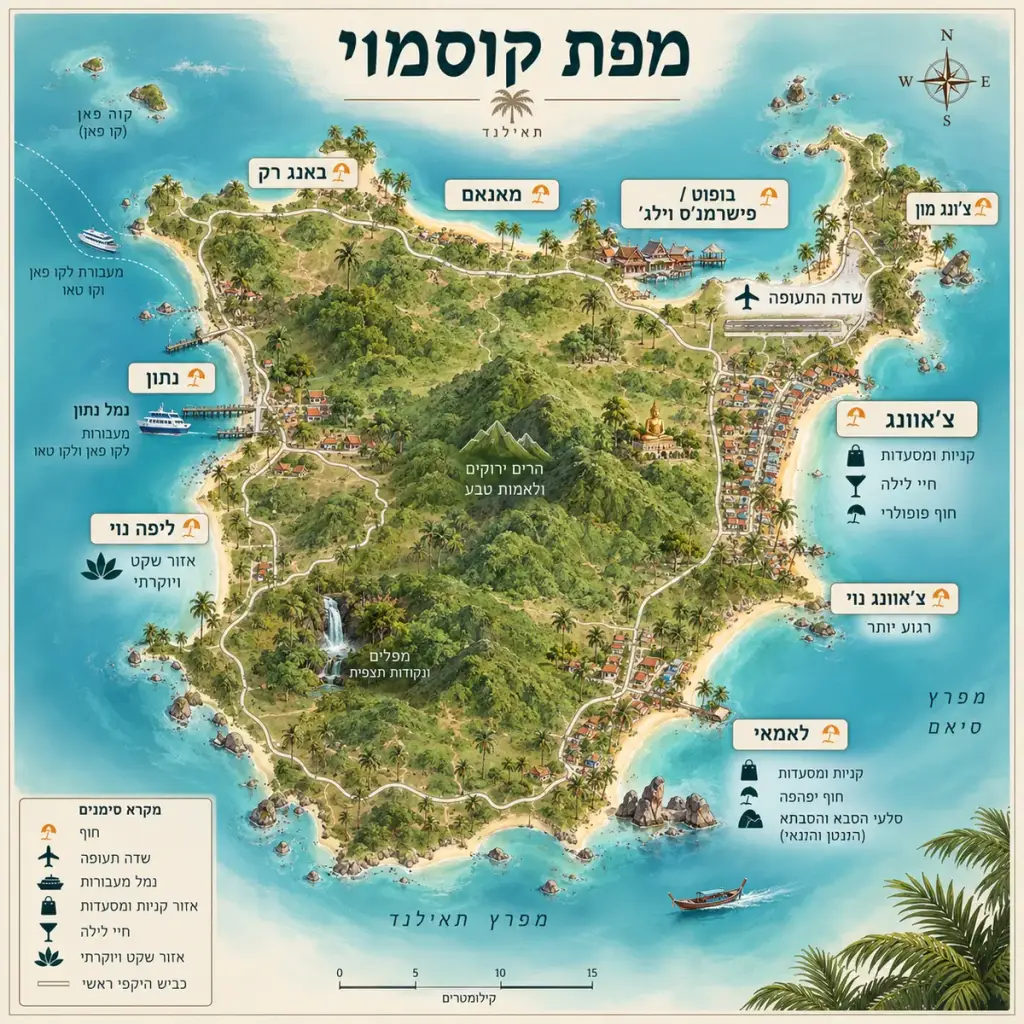 מפת קוסמוי: אזורי הלינה, החופים, שדה התעופה ונמלי המעבורות