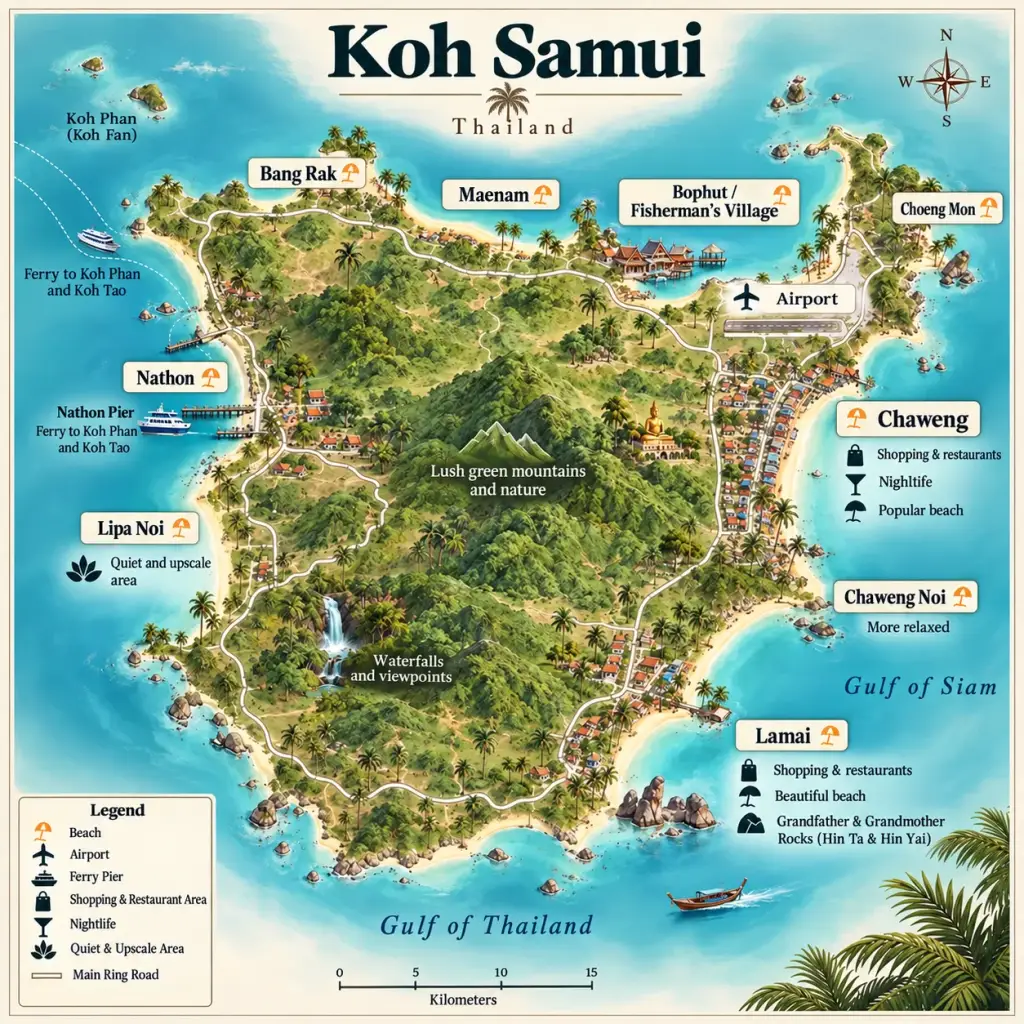 Illustrated map of Koh Samui with Chaweng, Lamai, Bophut, Maenam, Nathon and the airport