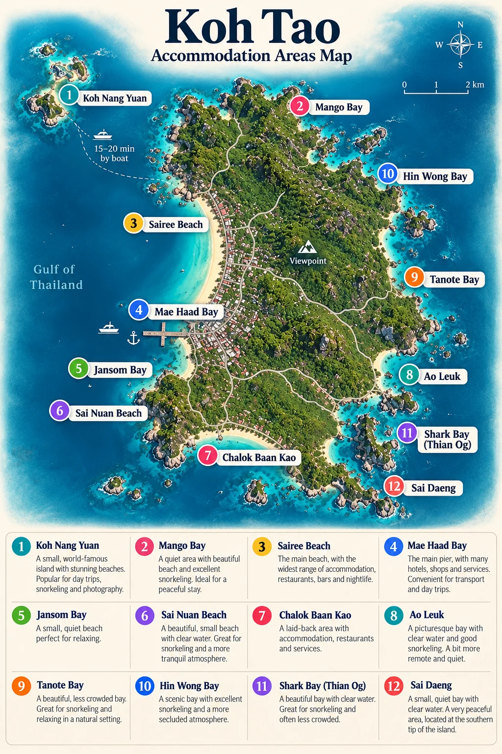 Map of the areas to stay on Koh Tao: Sairee, Mae Haad, Chalok Baan Kao, Tanote Bay, Aow Leuk, Shark Bay and Nang Yuan