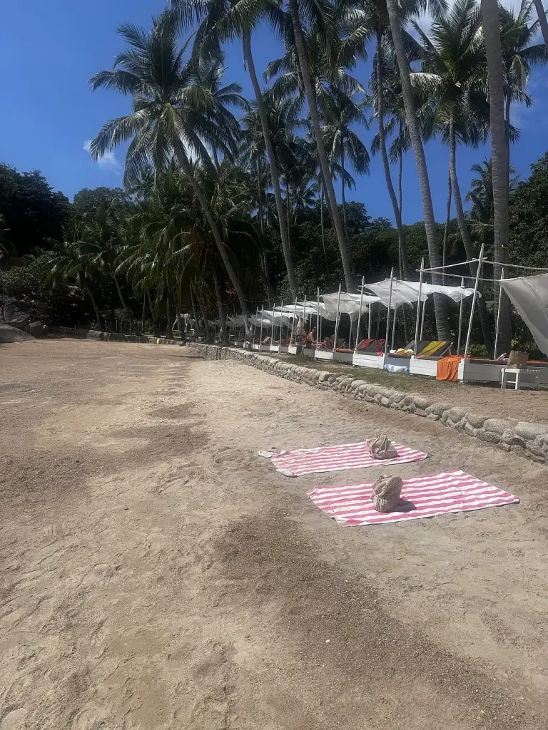 Ligbedden in de schaduw langs het strand in het noorden van Sairee, bij Koh Tao Cabana