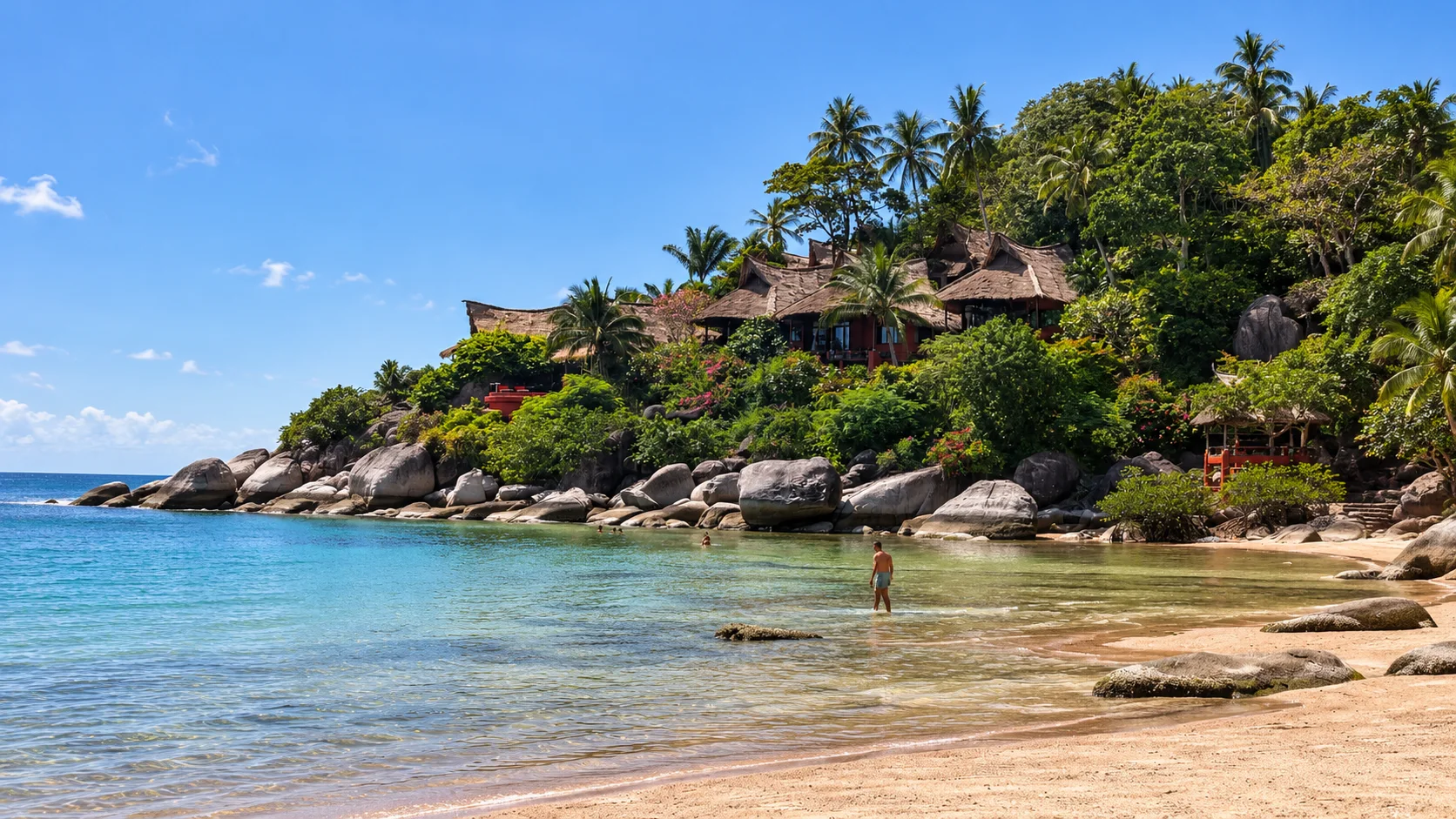 Koh Tao Cabana Resort villas among the rocks and greenery above the bay, Koh Tao