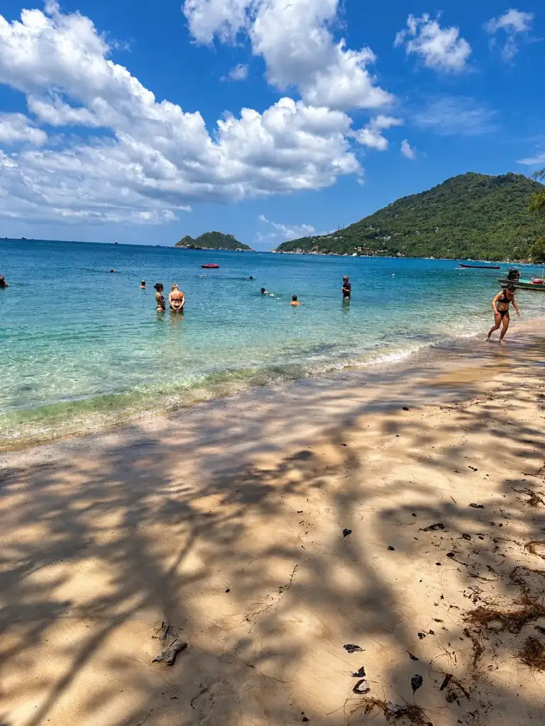 Sairee Beach in the shade of the trees, turquoise water and the green hill at the end of the bay, Koh Tao
