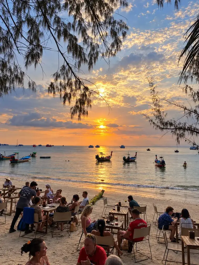 Dinner on the sand facing the sunset and longtail boats, Koh Tao