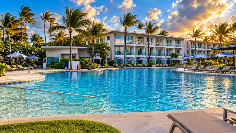 Der große Pool im OZO Chaweng Samui und der Zimmertrakt, mit blau-weißen Sonnenschirmen