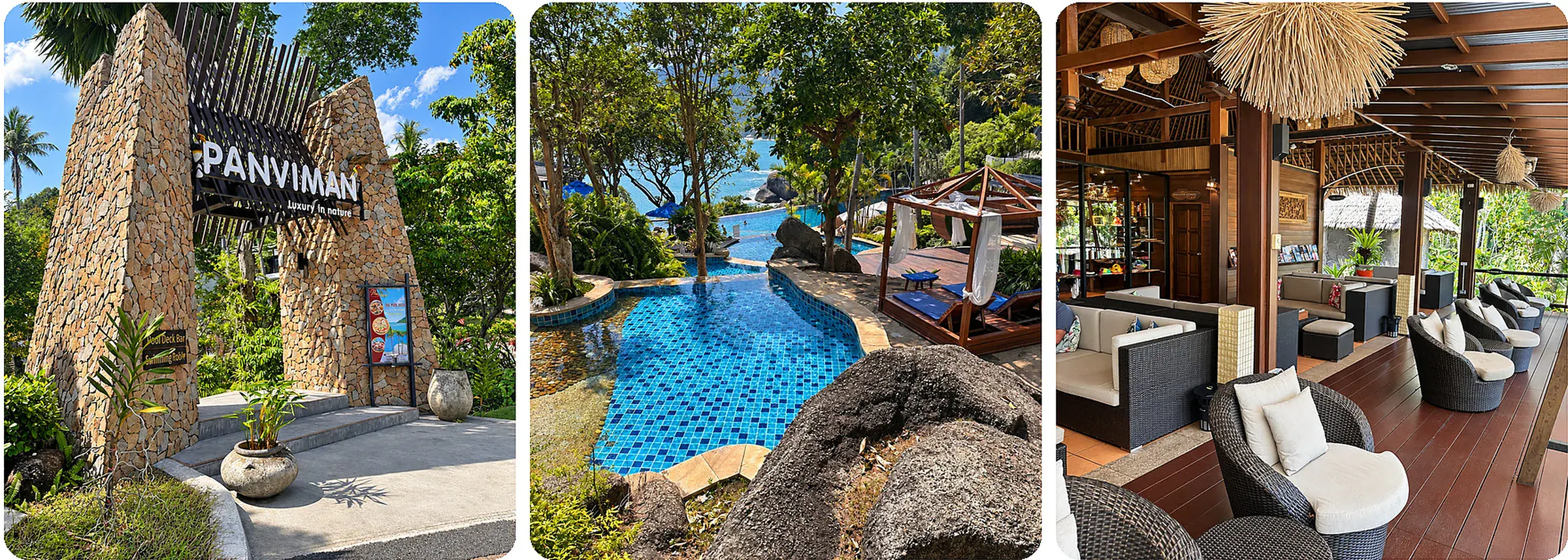 Panviman Resort Koh Phangan : le portail d'entrée en pierre, la piscine entre les rochers et le hall ouvert en bois