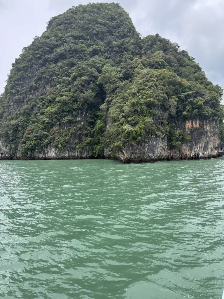 Green limestone island above green water in Phang Nga Bay