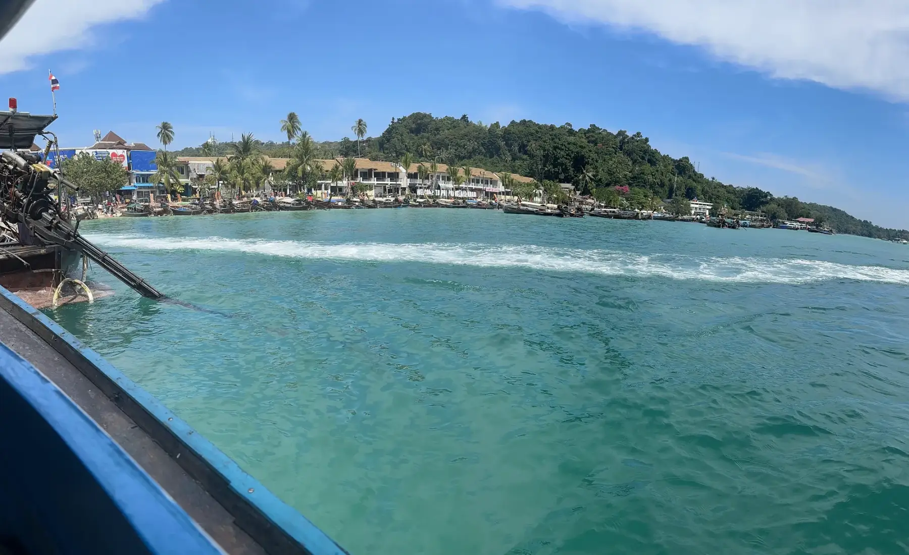 Turquoise water and Tonsai Bay on Koh Phi Phi, from a longtail boat
