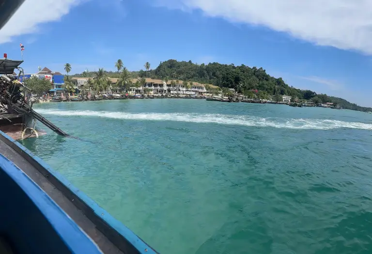 Turquoise water and Tonsai Bay on Koh Phi Phi, from a longtail boat