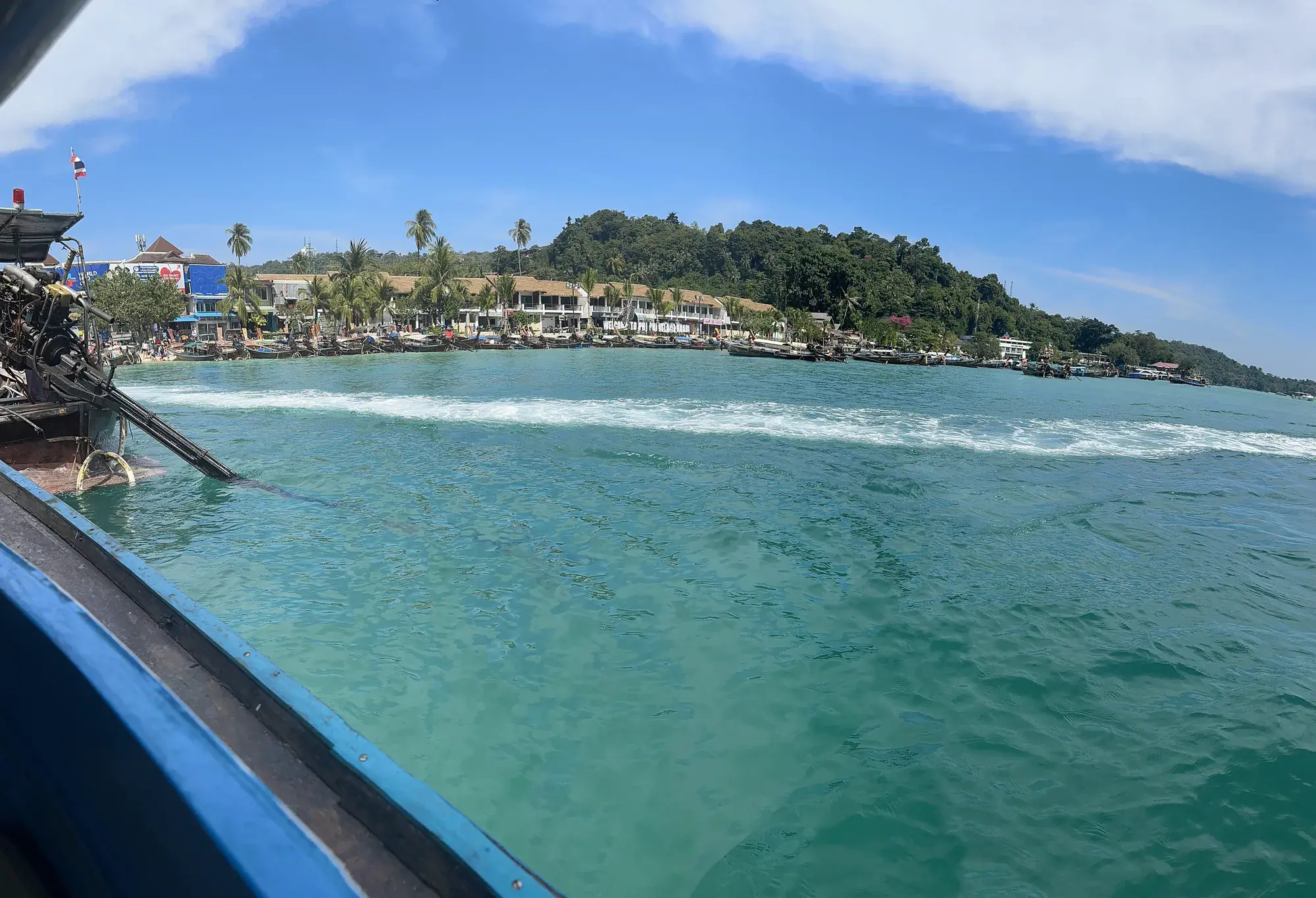 Turquoise water and Tonsai Bay on Koh Phi Phi, from a longtail boat
