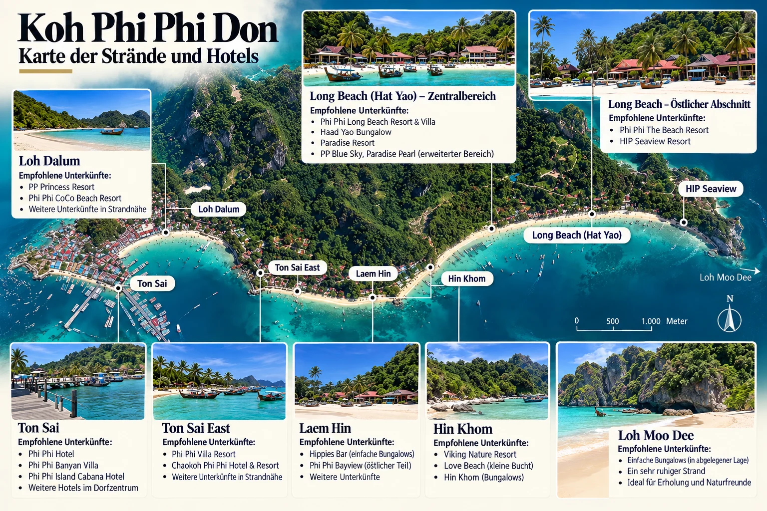 Karte der Strände und Hotels auf Koh Phi Phi Don: Tonsai, Loh Dalum, Laem Hin, Hin Khom, Long Beach und HIP Seaview