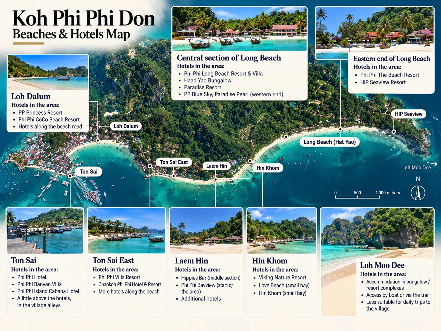 Map of the beaches and hotels on Koh Phi Phi Don: Tonsai, Loh Dalum, Laem Hin, Hin Khom, Long Beach and HIP Seaview