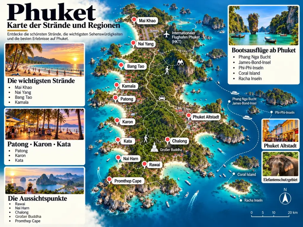 Karte der Strände und Regionen von Phuket: Weststrände, Patong, Karon, Kata, Aussichtspunkte und Bootsausflüge