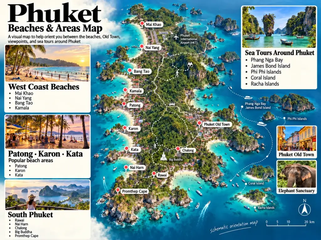 Phuket beaches and areas map: west coast beaches, Patong, Karon, Kata, South Phuket and sea tours