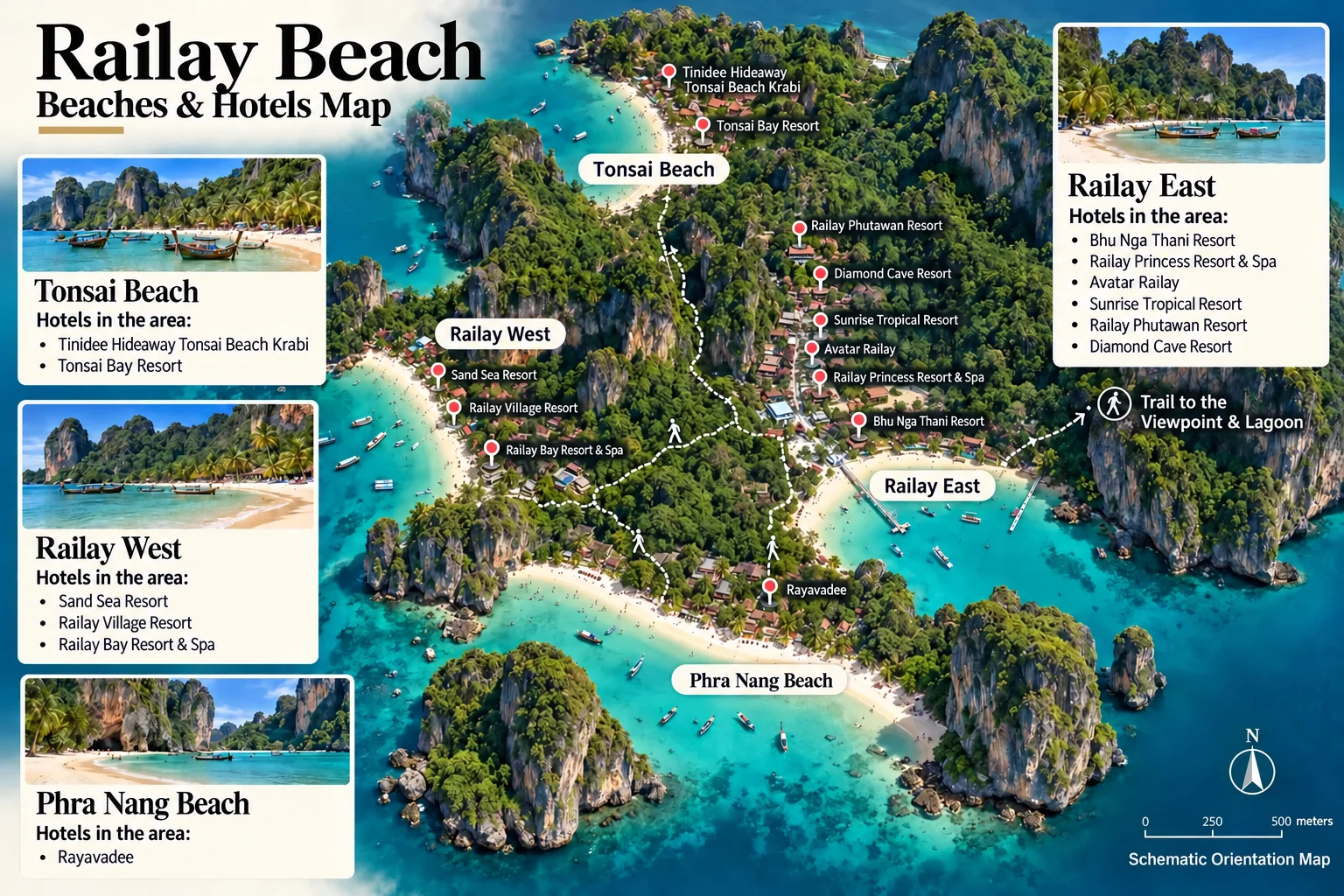 Map of the beaches and hotels at Railay Beach: Railay West, Railay East, Phra Nang Beach and Tonsai Beach