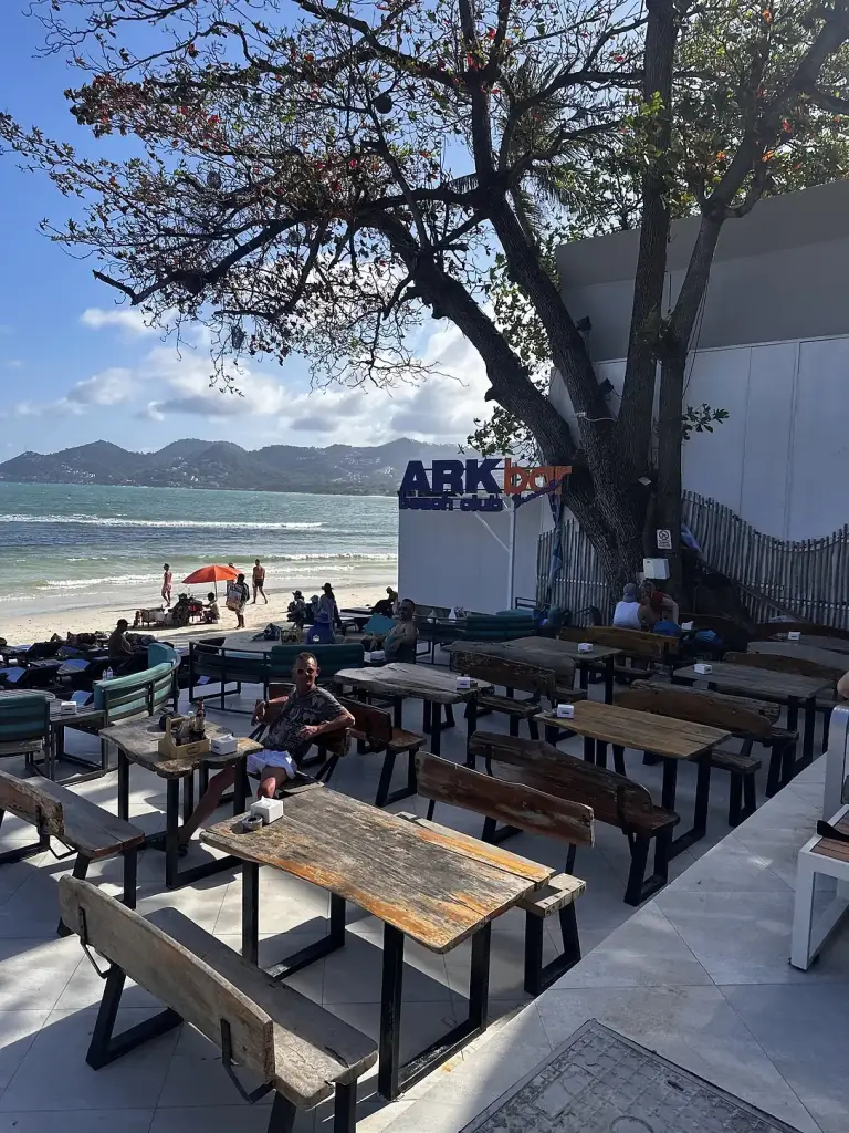 Une terrasse avec des tables en bois sur la plage à l'Ark Bar