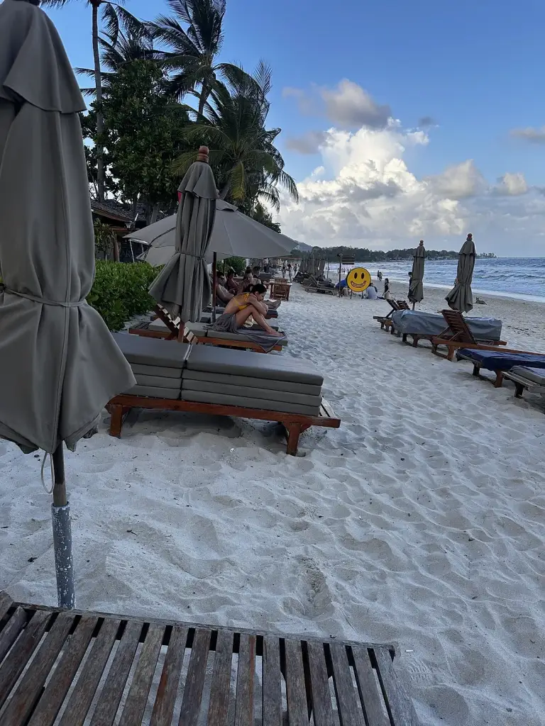 Sun loungers and parasols on the beach in front of Banana Fan Sea